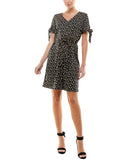 NY Collection Short Sleeve Belted Knit V-Neck Dress Ditsy Floral Black Multi L