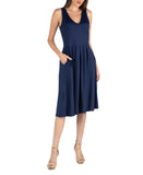 24seven Comfort Apparel Midi Sleeveless Dress with Pocket Detail Navy Blue M