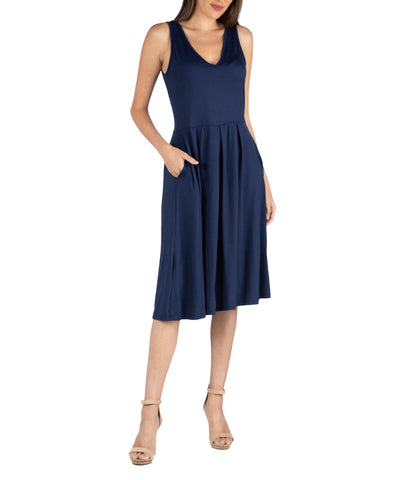 24seven Comfort Apparel Midi Sleeveless Dress with Pocket Detail Navy Blue M