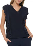 Tommy Hilfiger Womens V Neck Ruffled Pullover Top H28TM29A Midnight Blur XL