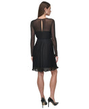 DKNY Petite Belted A-Line Dress Jewel Neck Pleated Mesh Dress XD4KI694 Black 0P