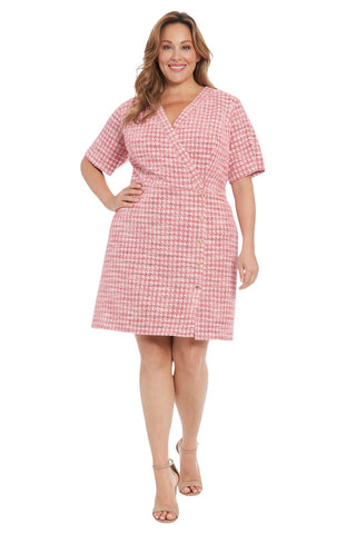 London Times Womens Houndstooth Faux-Wrap A-Line Dress T7764M Pink Multi 16