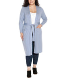 Belldini Size Rhinestone-Trim Belted Duster Cardigan Sweater Chambray Blue 1X