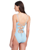 Sanctuary Refresh Rib Plunging Lace Back Mio One-Piece Swimsuit Blue Chateau L