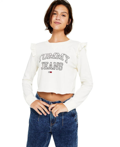 Tommy Jeans Women's Cropped Ruffle-Trim Sweatshirt T2FH0EAZ Egret White XL