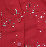 Ny Collection Roll Tab Sleeve Button Down Metallic Foil Blouse Top Glowdot Red L