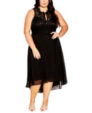 City Chic Womens Trendy Plus Size High-Low Keyhole Belted Lace Dress Black 18W