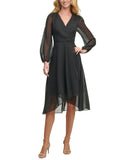 Tommy Hilfiger Womens Long Sleeve Sheer-Sleeve Surplice Dress Black / Gold 12