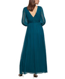 DKNY Chiffon Balloon-Sleeve Faux Wrap Side Slit Maxi Dress Forest Green 8