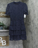 Crystal Doll Printed-Chiffon Short Sleeve Fit Flare Dress Navy Blue / White S