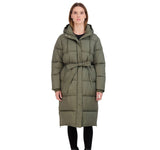 Sebby Collection Womens Long Belted Puffer Coat with Hood Jacket Olive Green S