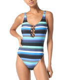 Michael Michael Kors Ring Accent Striped One-Piece Swimsuit Black Blue Multi 12
