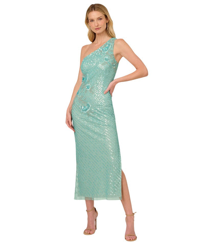 Adrianna Papell One Shoulder Side Slit Dress Gown Aqua Luster Blue 14