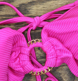 Becca Ribbed Chain Ring Halter Bikini Swim Top 223157 Azalea Pink D