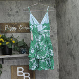 Aqua Womens Linen Blend Palm Print V-Neck Mini Dress Light Blue / Green XS