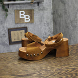 Steve Madden Suede Wooden Platform Block Heel Sandals KARS03S1 Cognac Brown 7M