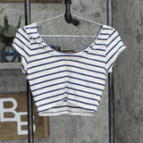 Charlotte Russe Womens Knit Cropped Low Back Shirt Top Ivory Blue Striped L