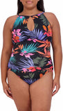 Jessica Simpson Womens Midweight Textured One Piece Swimsuit Palms Black 2XL