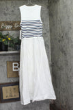 Aqua Mixed Media Maxi Dress with Striped Knit Bodice 96358BD White / Navy Blue M