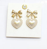 Francesca's Heart Ribbon Pearl Accent Drop Earrings Gold / Pearl White 1.5"
