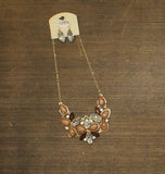 Tint Bib Rhinestone Teardrop Earring Necklace Set Gold / Peach Orange 18" + 3"