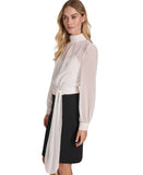 Calvin Klein Neck Chiffon Waist Tie Sash Crepe Skirted Dress Cream / Black 14