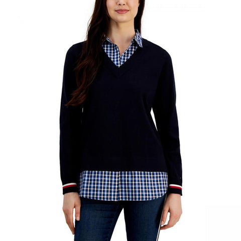 Tommy Hilfiger Plus Cotton Layered-Look Sweater W2XS0885 Sky Captain Blue 3X