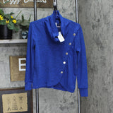 Ny Collection Womens Petites Asymmetrical Cowl Neck Button-Up Sweater Blue PS
