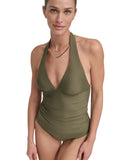 DKNY Halter V-Neck Shirred Tankini Swim Top DIMKS215 Moss Green M