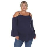 White Mark Womens Plus Size Cold Shoulder Ruffle Sleeve Top PS1352 Navy Blue 1X