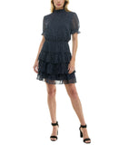 Crystal Doll Short Puff Sleeved Sheer Fit Flare Dress Navy Blue / White L