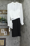 Calvin Klein Neck Chiffon Waist Tie Sash Crepe Skirted Dress Cream / Black 14
