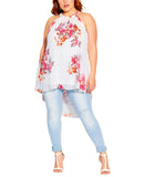 City Chic Hi-Low Sleeveless Pleated Tunic Top Ivory Floral Crush White 18W