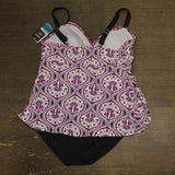 Swim Solutions Womens Printed Tiered Fauxkini Swim Top Magenta Purple Multi 18