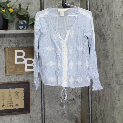 H&M LOGG Womens Long Sleeve Crochet Trim Blouse Shirt Top Blue Multi 6