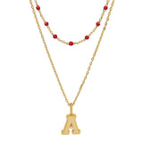 A New Day Beaded "A" Initial Necklace Set 2-Pack Gold / Marron Red 16" 18"