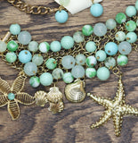 G by Comet Beaded Multirow Earring Necklace Set Gold / Turquoise Blue 18" + 3"