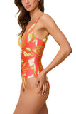 Solid & Striped One-Piece Colorblock Swimsuit Hibiscus Print Yellow Multi XS