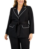 Le Suit  Plus Contrast-Trim Belted Suit Blazer Jacket Black / Vanilla Ice 20W
