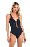 La Blanca Womens Island Goddess Plunge One Piece Swimsuit LB5ZZ10 Black 6