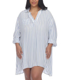 Raviya Womens Plus Size Striped Tunic Shirt Swim Cover-Up Blue / White 1X