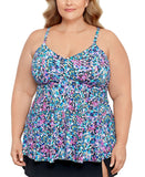 Swim Solutions Printed V-Neck Underwire Swim Tankini Top Dancing Colors Blue 22W