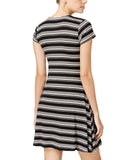 Unedited By Teeze Me Striped Short Sleeve Knit A-Line Dress Black / White XXS