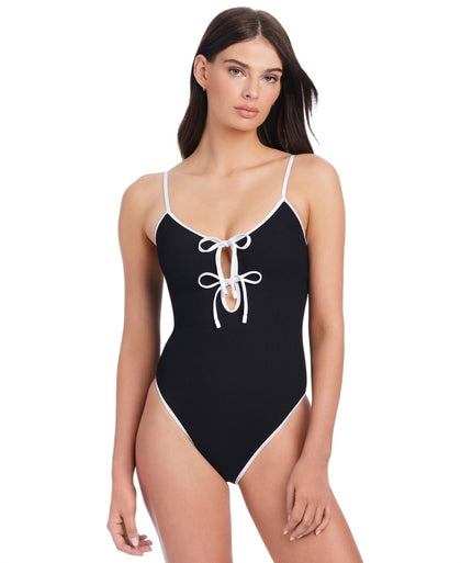 Sanctuary Womens Key Item Stay Connected Tie-Front Swimsuit Black / White XS