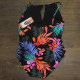 Jessica Simpson Womens Midweight Textured One Piece Swimsuit Palms Black 2XL