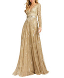 Mac Duggal Sequined V-Neck Illusion Sleeve A-Line Gown Dress Taupe Gold 10