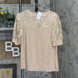 Ny Collection Womens Petites Keyhole Lace Trim Blouse Shirt Top Doeskin Brown PL