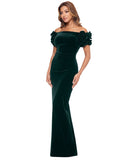 Xscape Womens Off The Shoulder Ruffled Velvet Strapless Dress Hunter Green 14