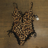 Bar III Womens Lace-Up Cheetah Print One Piece Swimsuit Natural Brown L