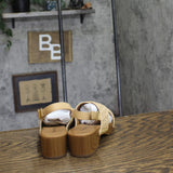 Style & Co. Faux Wood Criss Cross Heeled Sandals Creme Off White / Tan Brown 5M